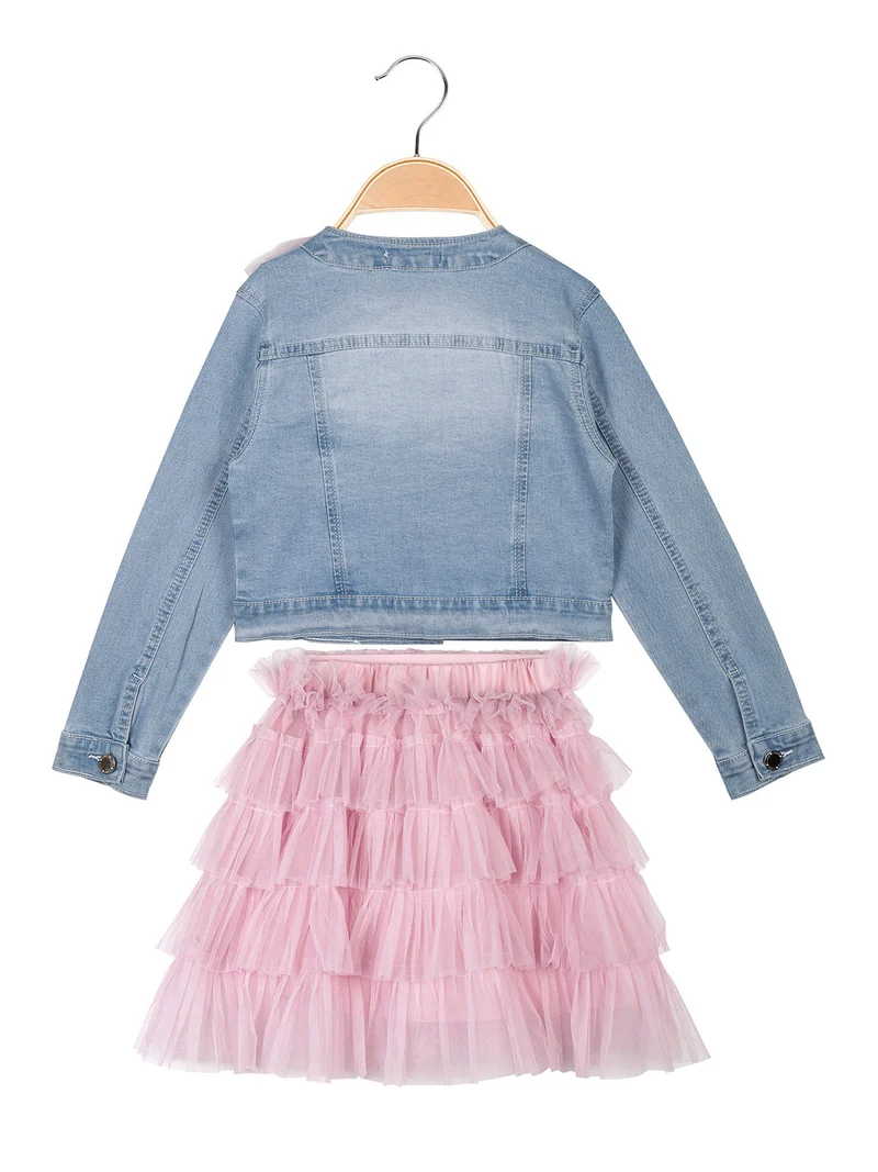 Completo da bambina 3 pezzi con gonna a balze e giacca in jeans