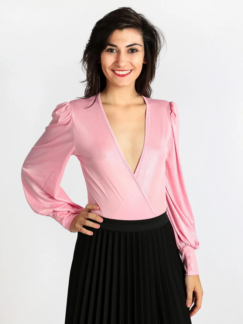 Body in lamè con scollo a portafoglio - rosa