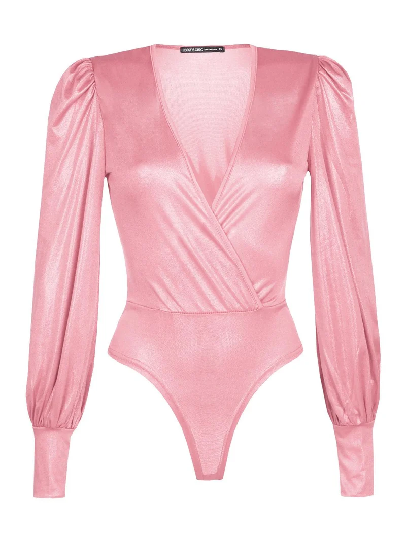 Body in lamè con scollo a portafoglio - rosa
