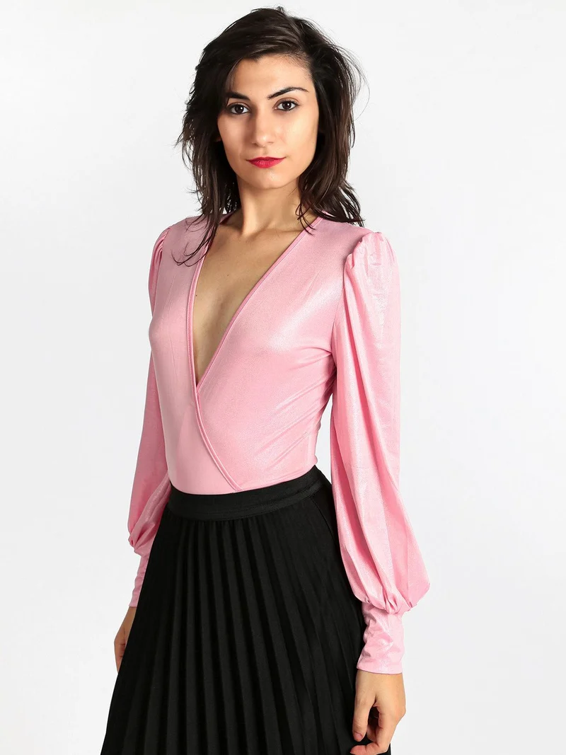 Body in lamè con scollo a portafoglio - rosa
