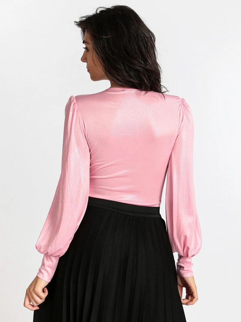 Body in lamè con scollo a portafoglio - rosa