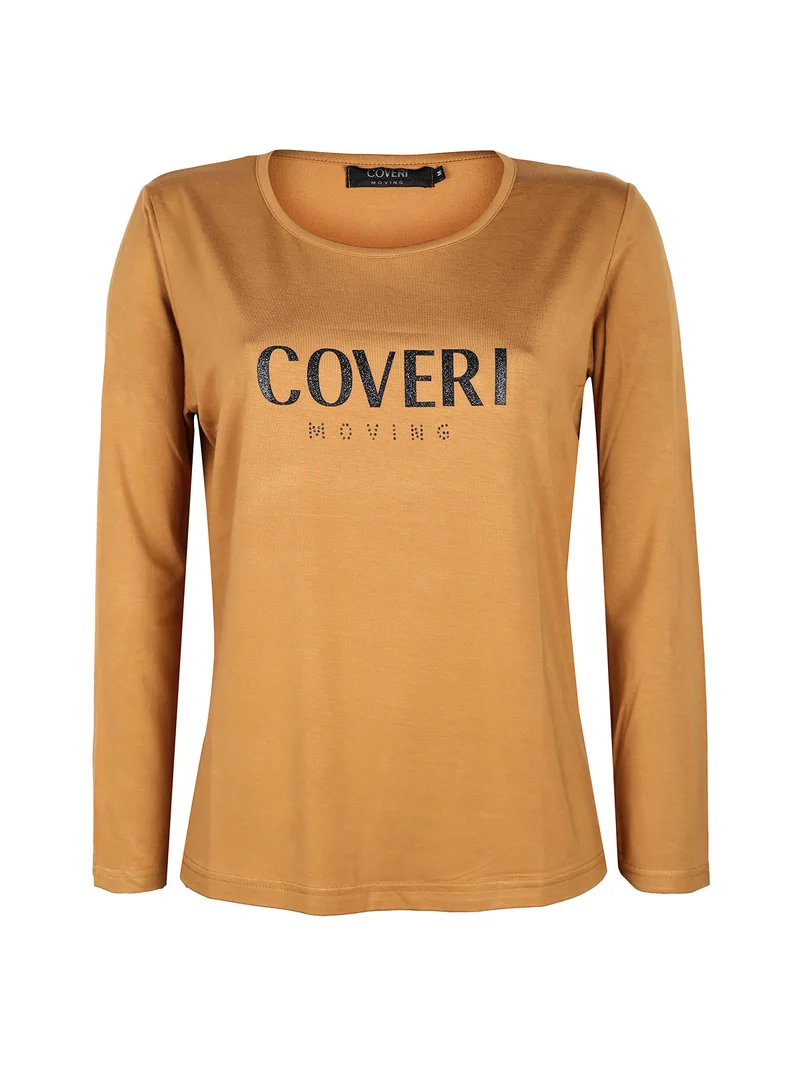 T-shirt manica lunga donna con scritta - cammello