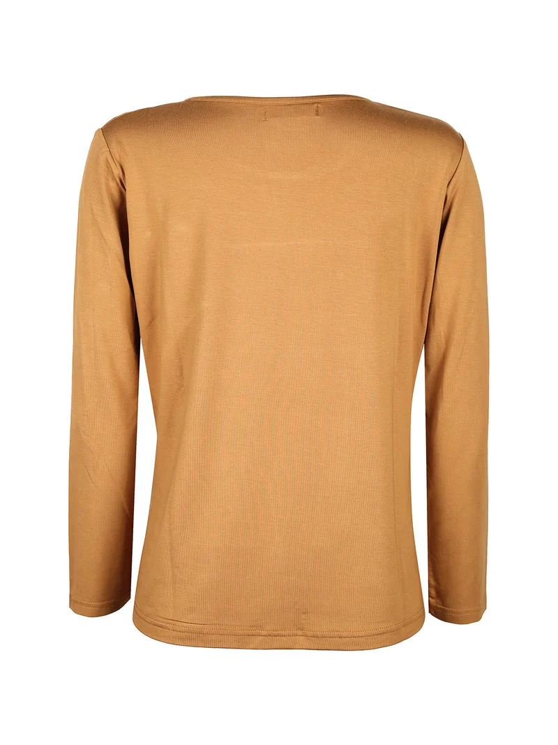 T-shirt manica lunga donna con scritta - cammello