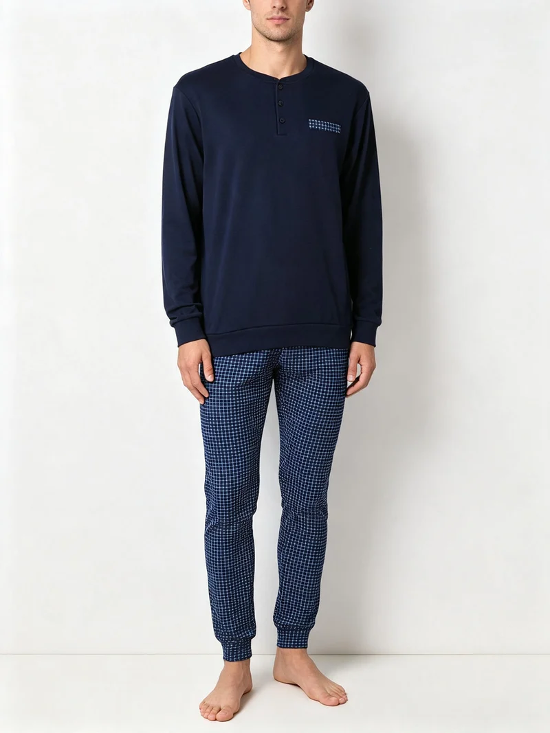 Pigiama lungo da uomo in cotone interlock con pantaloni a quadretti - blu scuro