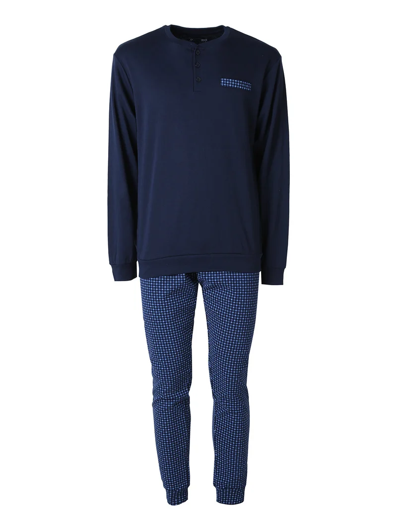 Pigiama lungo da uomo in cotone interlock con pantaloni a quadretti - blu scuro