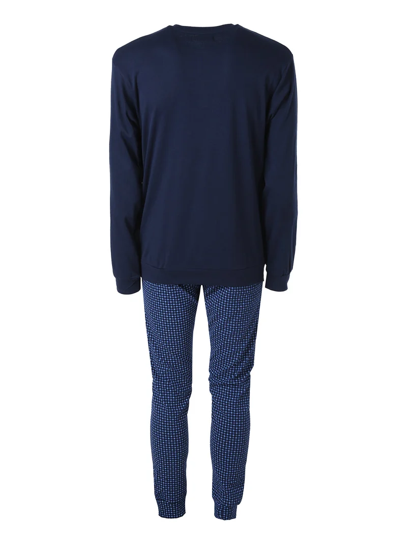 Pigiama lungo da uomo in cotone interlock con pantaloni a quadretti - blu scuro