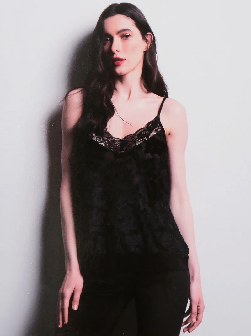 Canotta donna in velluto con fiori - nero