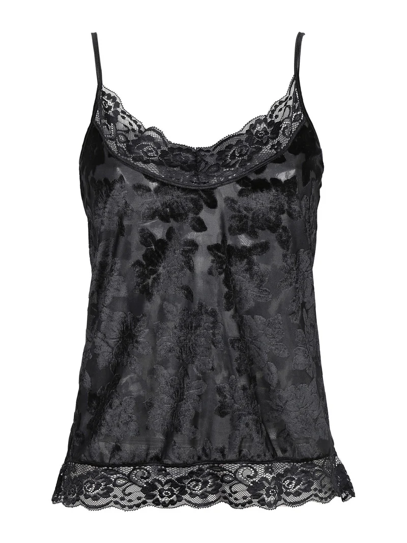 Canotta donna in velluto con fiori - nero
