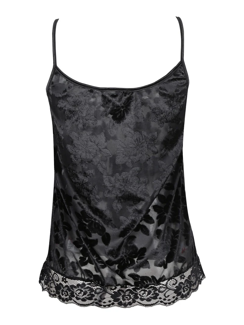 Canotta donna in velluto con fiori - nero