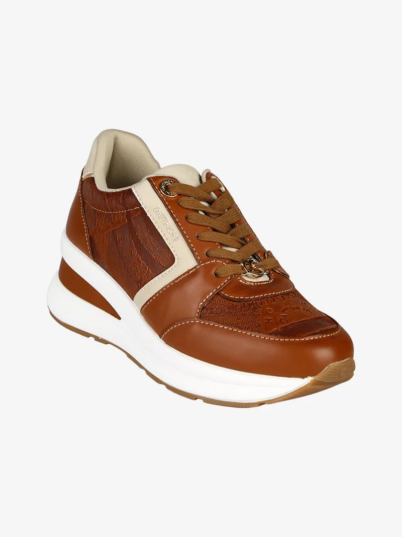 Sneakers donna stringate con zeppa - marrone