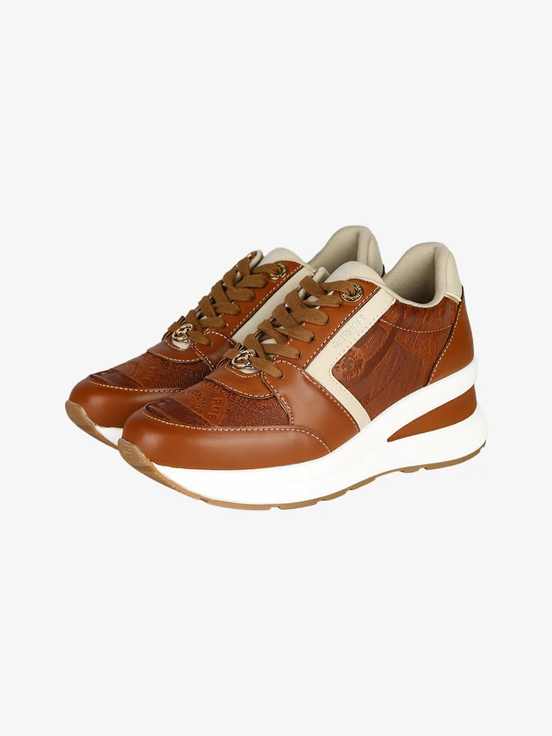 Sneakers donna stringate con zeppa - marrone