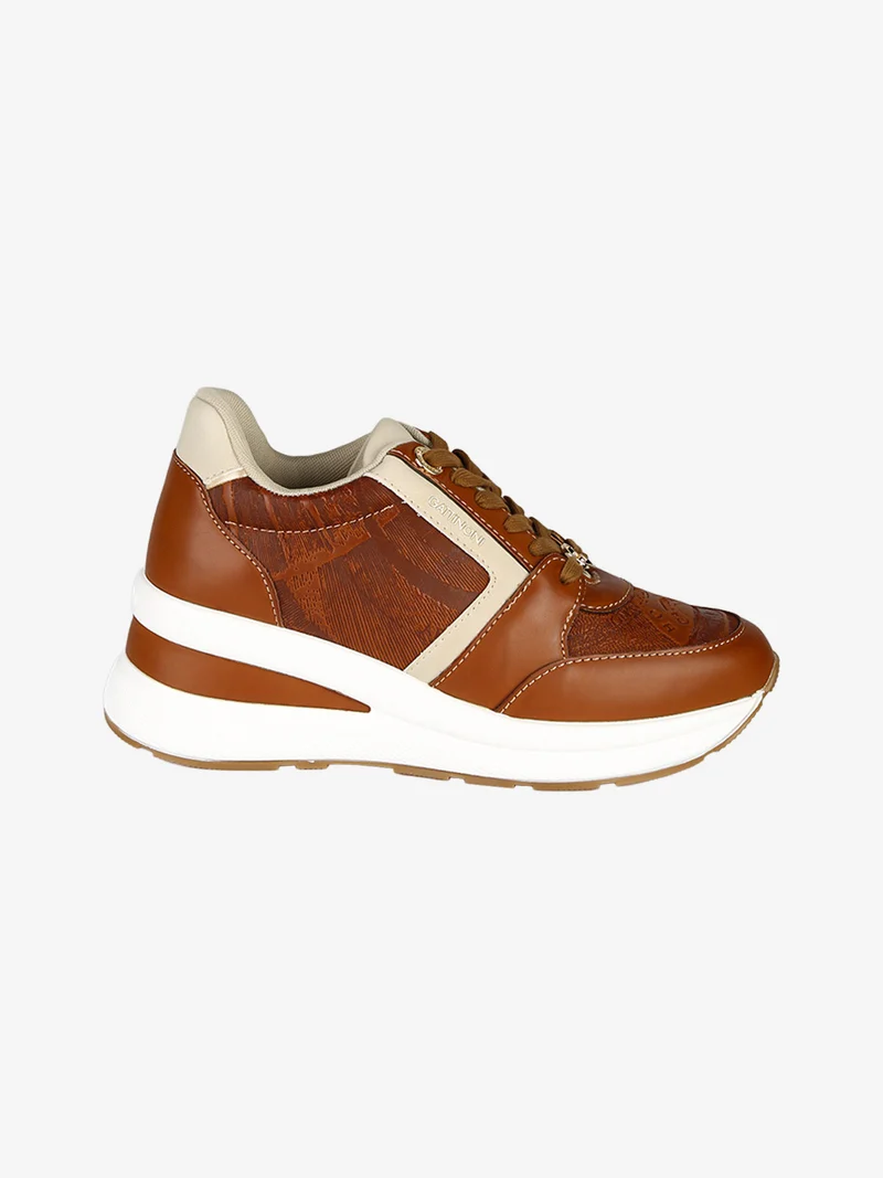Sneakers donna stringate con zeppa - marrone