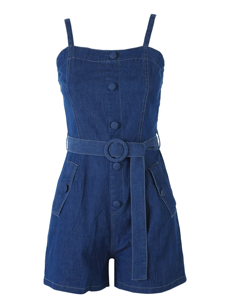 Tuta jumpsuite da donna in jeans con cintura - blu scuro