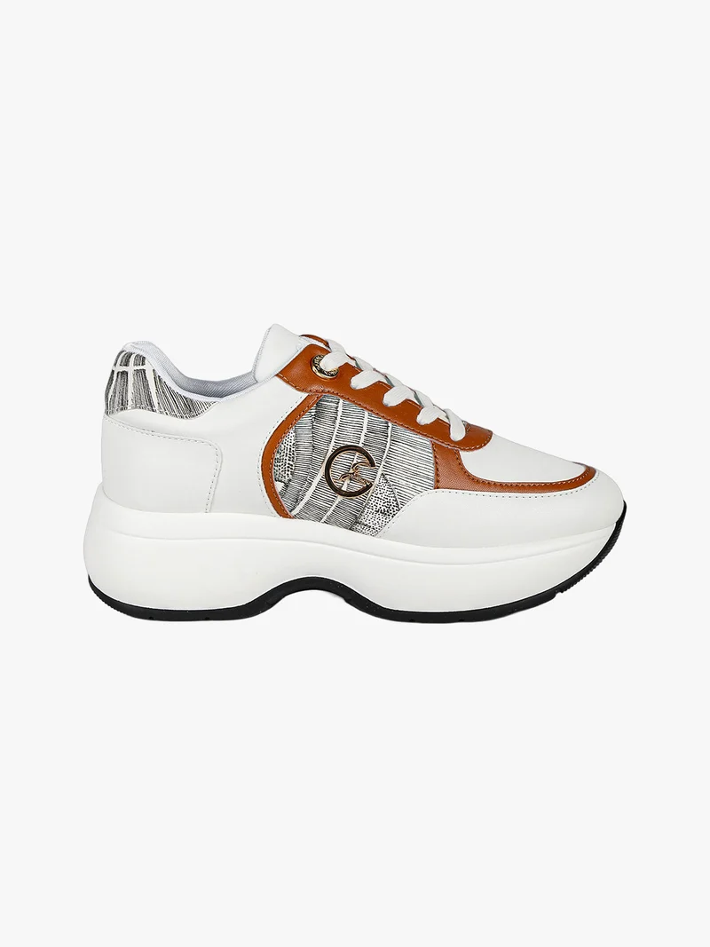 Sneakers donna stringate con platform - cuoio