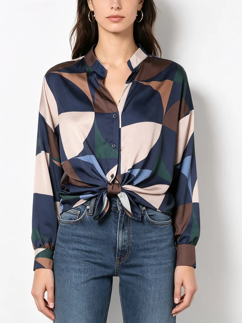 Camicia donna a maniche lunghe annodata sul fondo - blu scuro