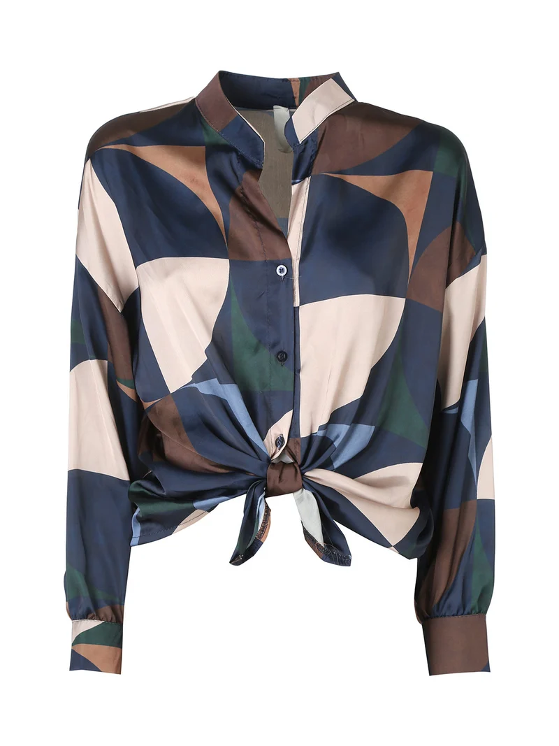 Camicia donna a maniche lunghe annodata sul fondo - blu scuro