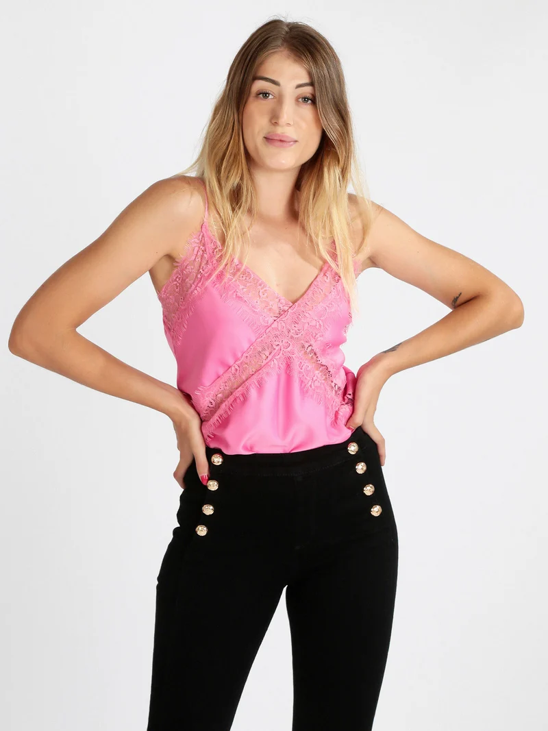 Top donna effetto raso con pizzo - rosa