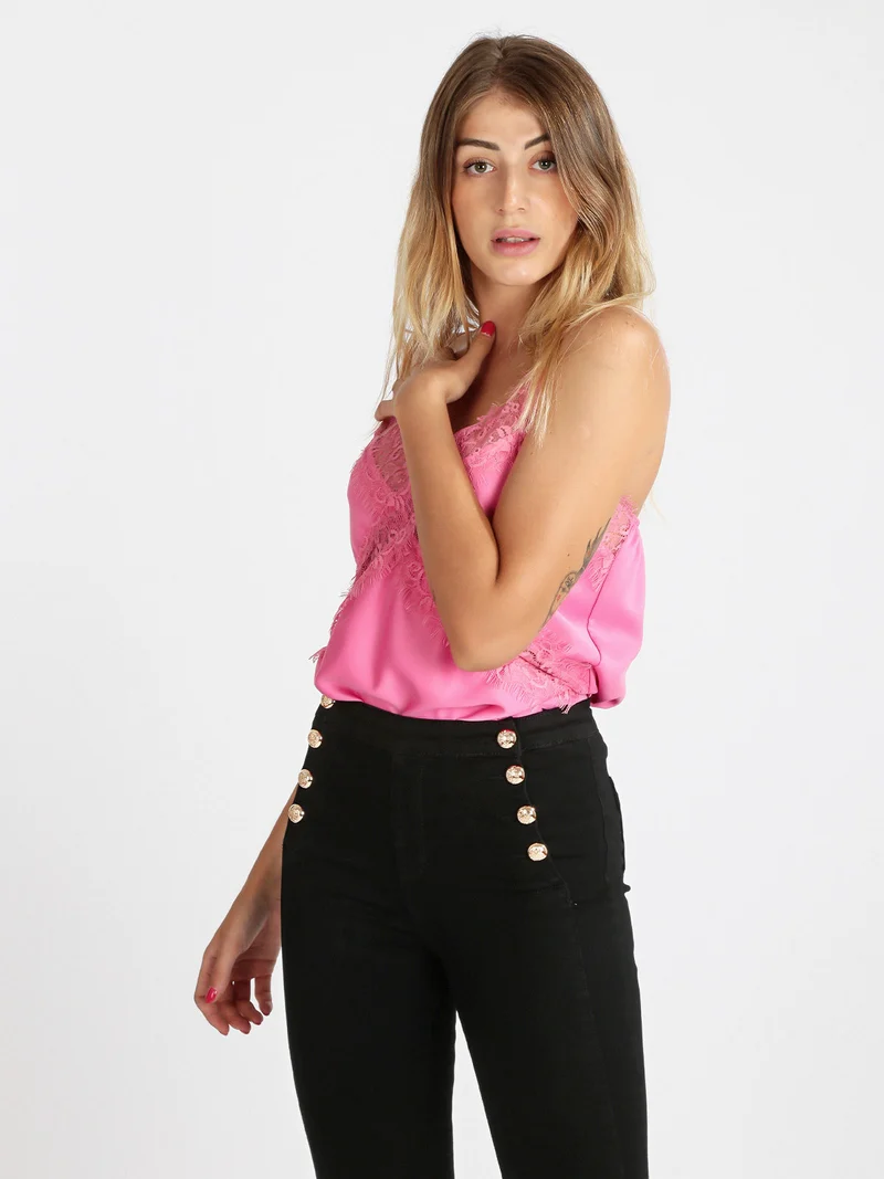Top donna effetto raso con pizzo - rosa