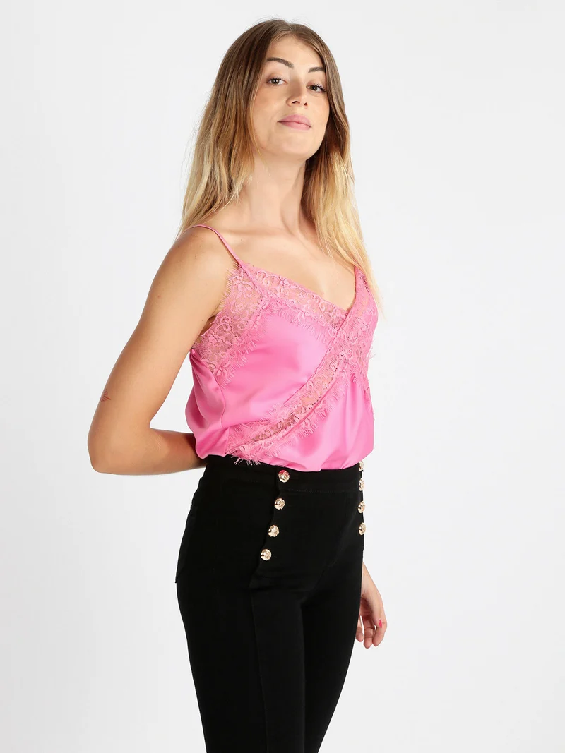 Top donna effetto raso con pizzo - rosa