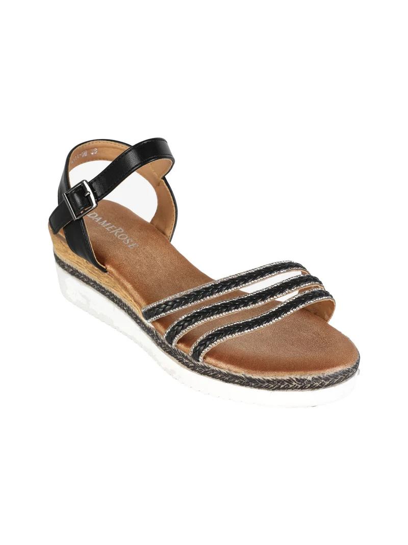 Sandali donna con zeppa e strass - nero