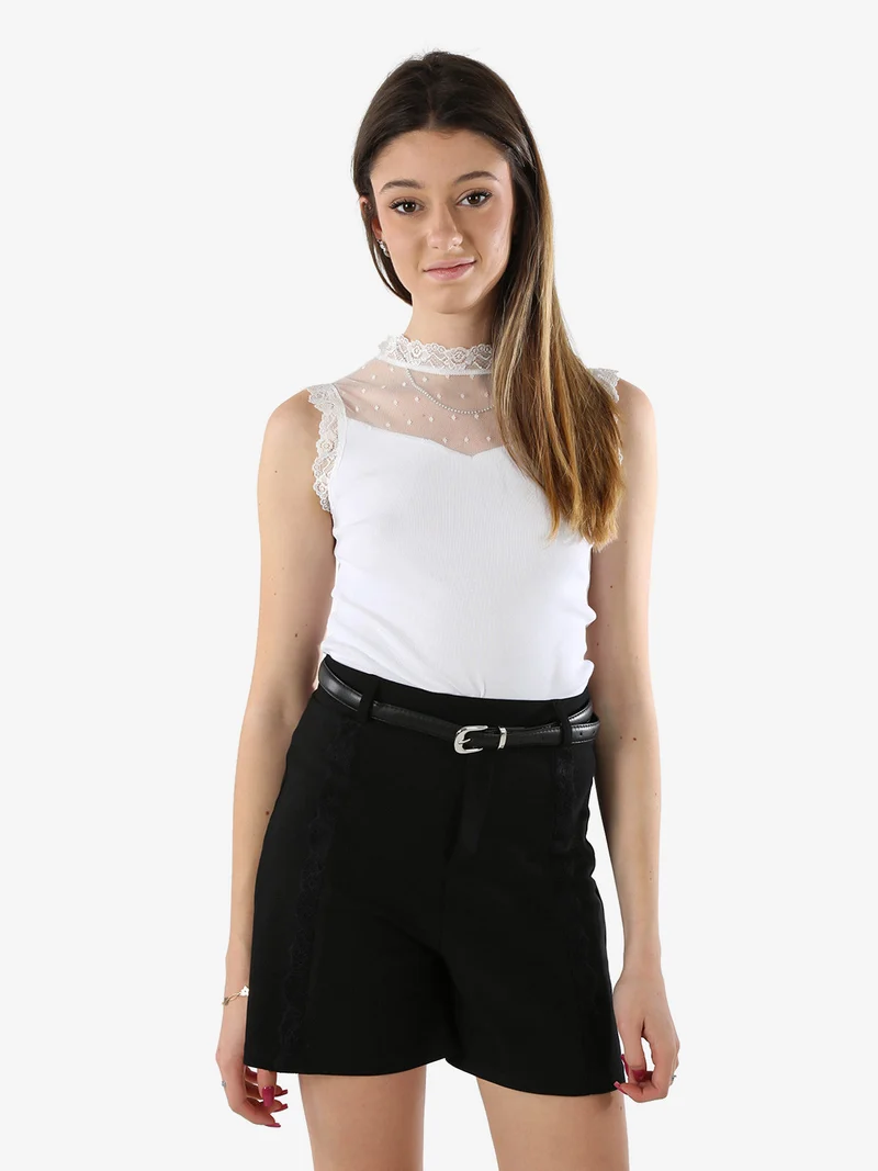 Top body donna senza maniche con inserti in tulle e pizzo - bianco