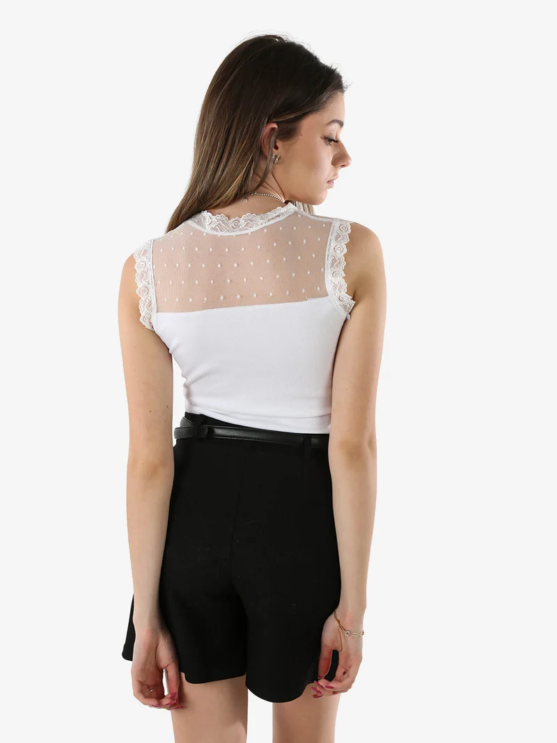 Top body donna senza maniche con inserti in tulle e pizzo - bianco