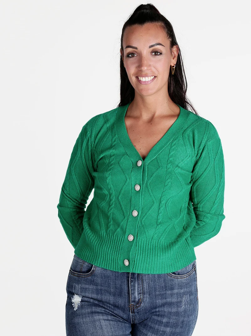 Cardigan donna in maglia con bottoni di strass - verde