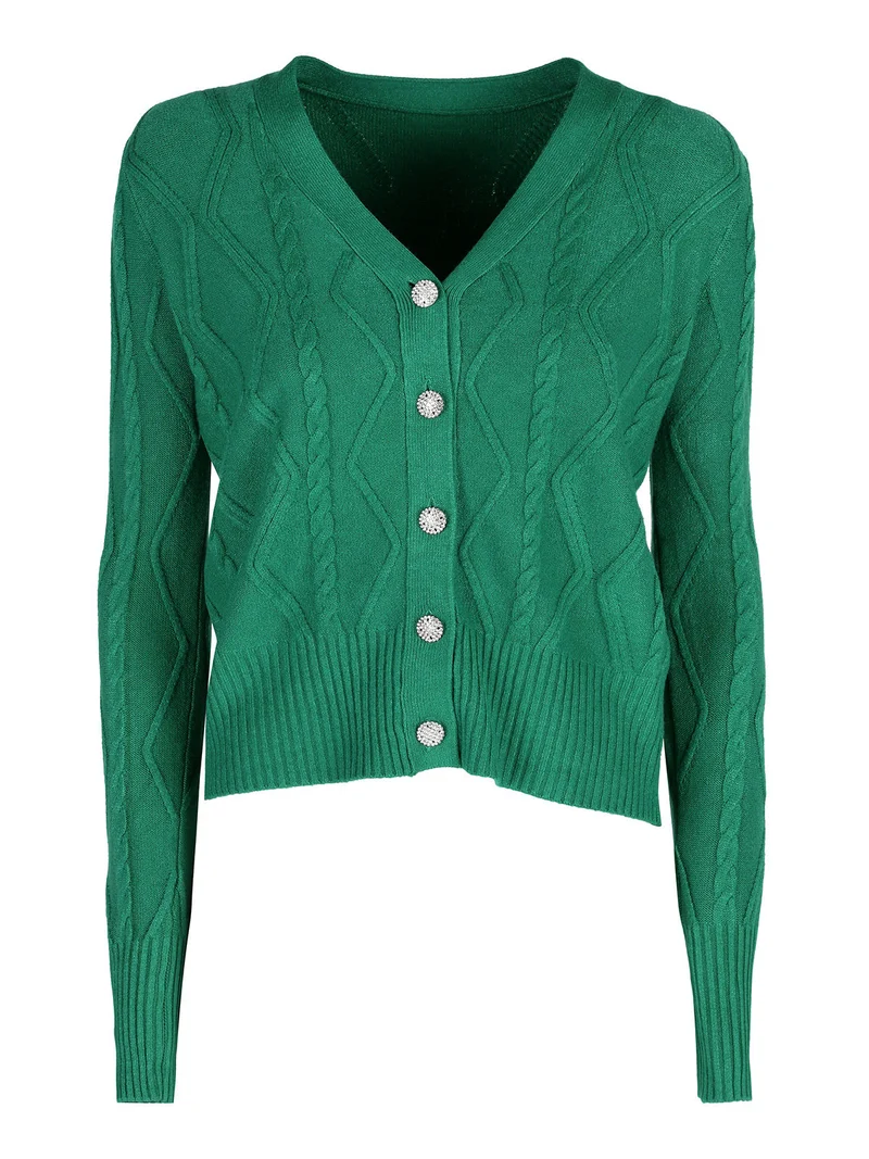Cardigan donna in maglia con bottoni di strass - verde