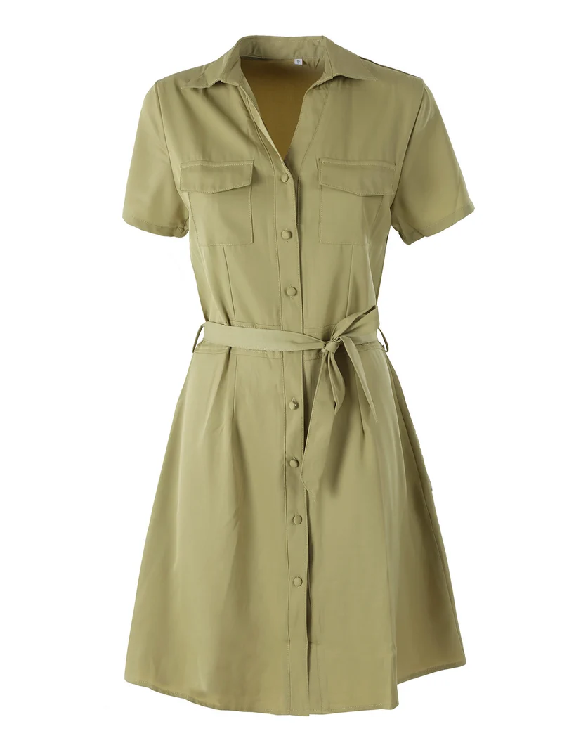 Abito a camicia da donna con maniche corte e bottoni - oliva