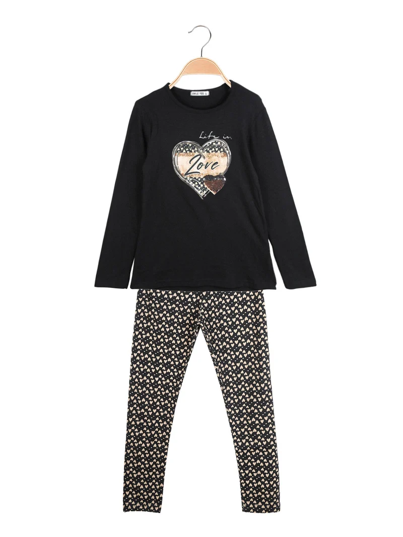 Completo 2 pezzi da bambina con leggings a cuori - nero