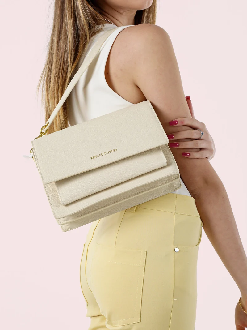Borsa donna rigida in ecopelle con patta - beige