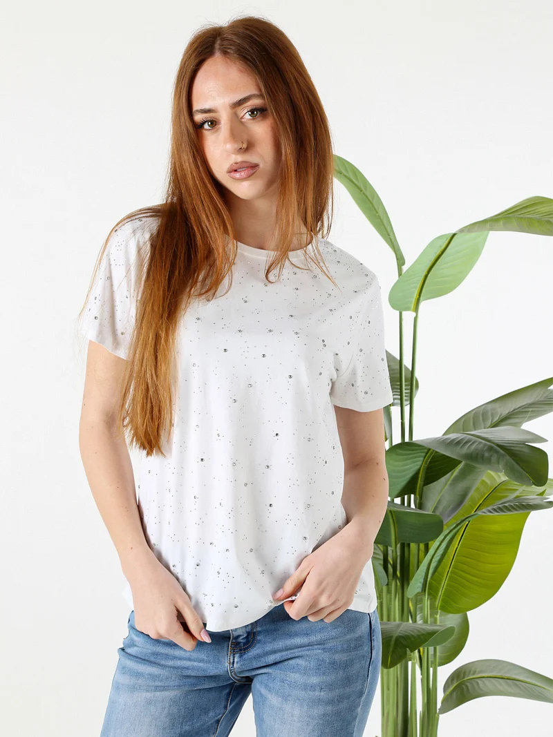 T-shirt donna in cotone con strass - bianco