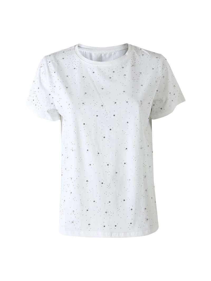 T-shirt donna in cotone con strass - bianco