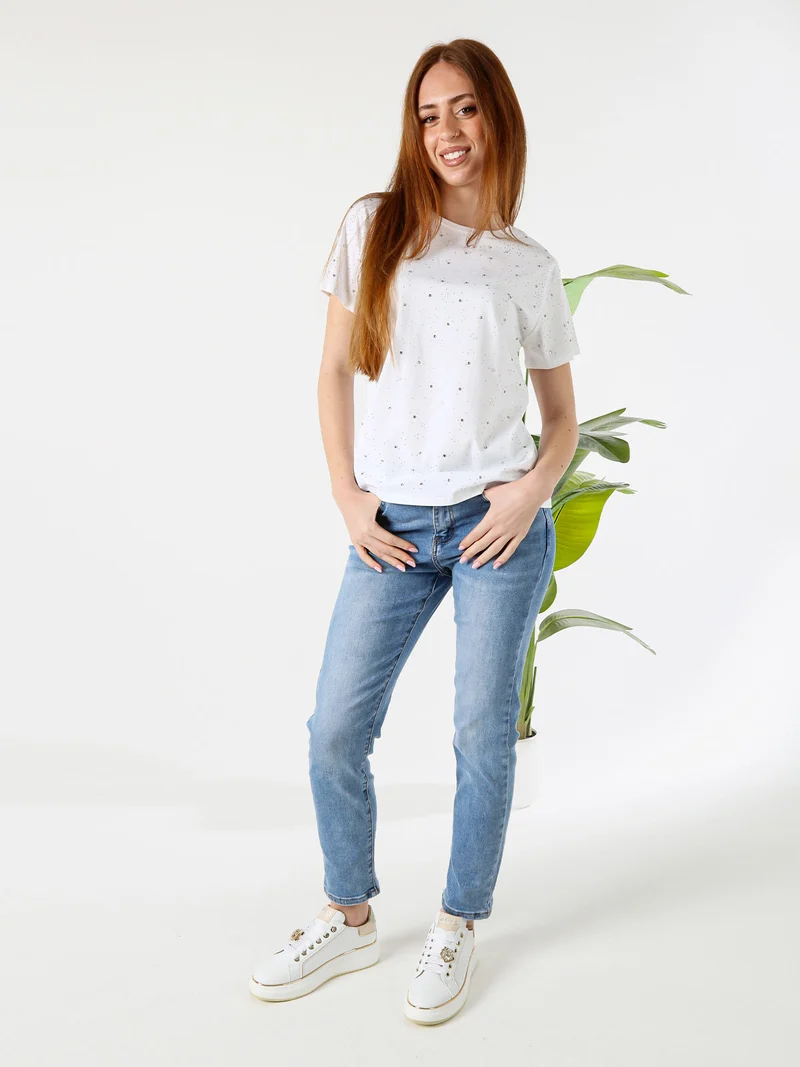 T-shirt donna in cotone con strass - bianco