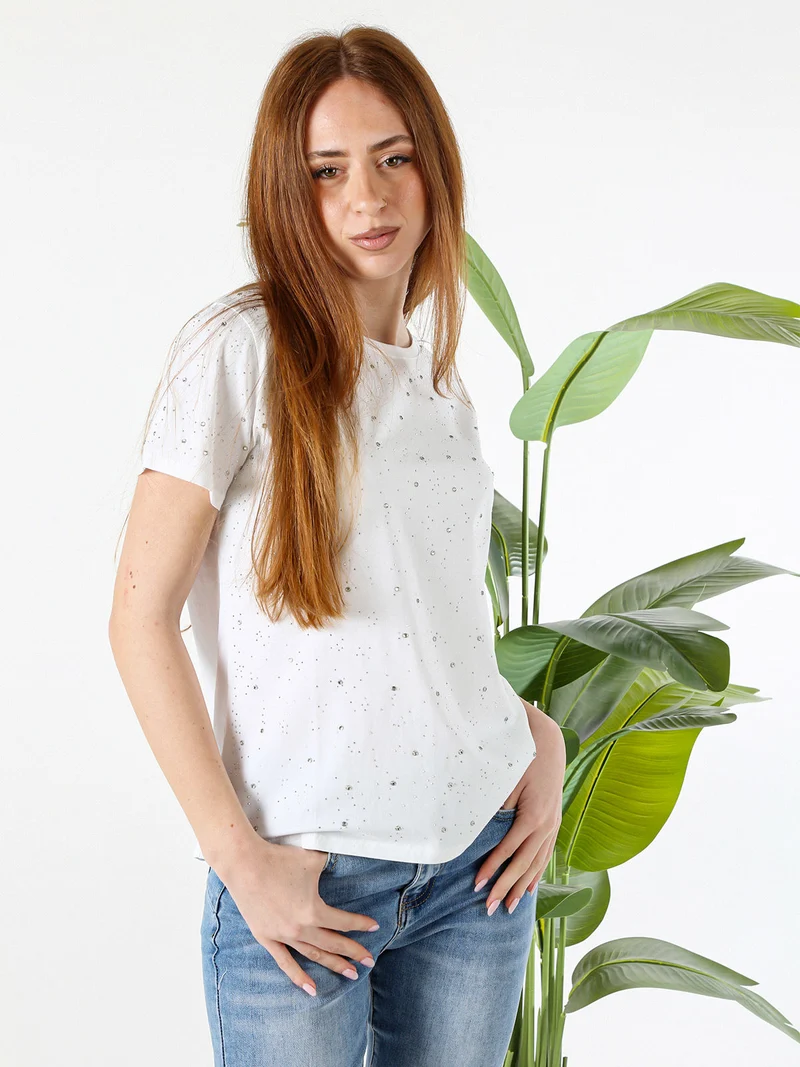 T-shirt donna in cotone con strass - bianco