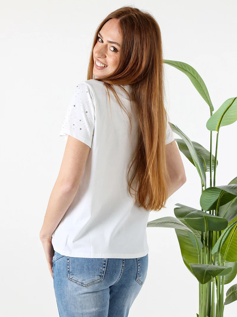 T-shirt donna in cotone con strass - bianco