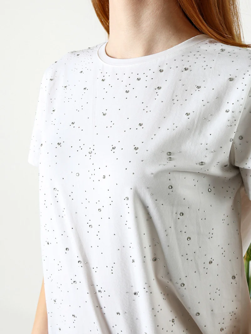 T-shirt donna in cotone con strass - bianco