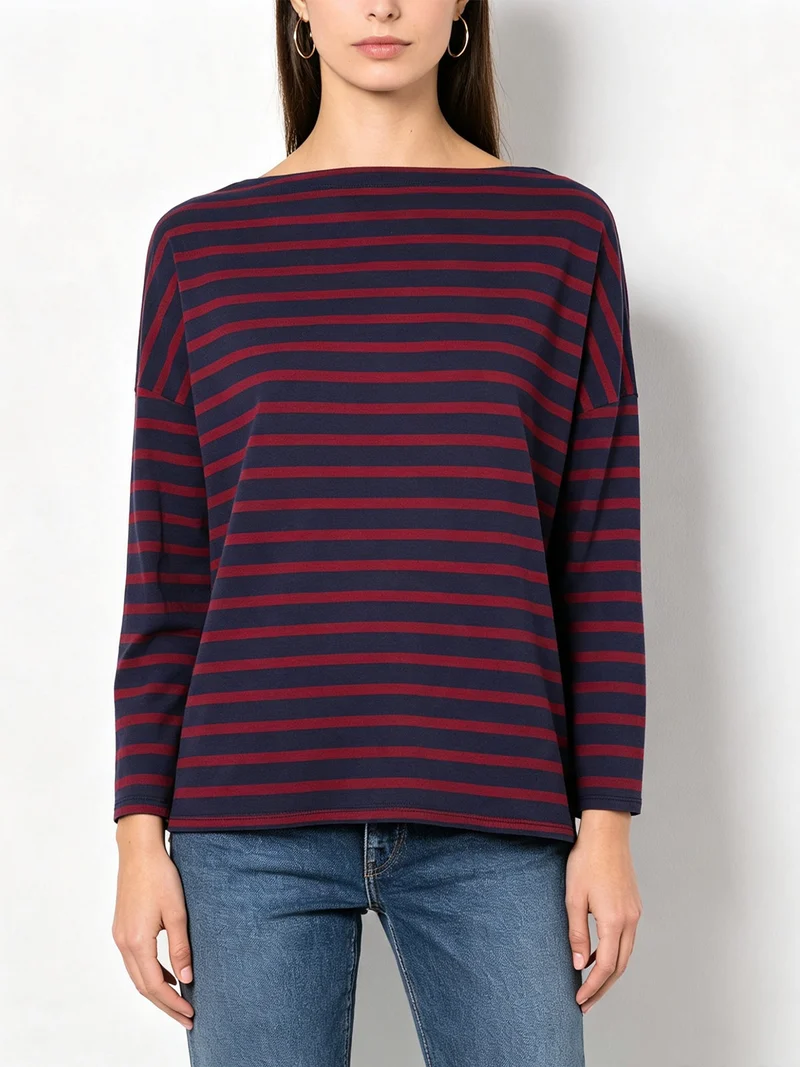 T-shirt donna oversize a maniche lunghe con stampa a righe - blu scuro