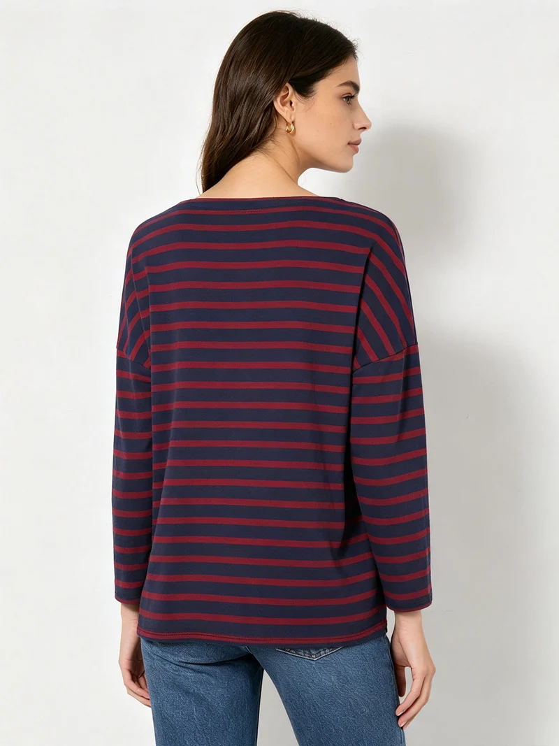 T-shirt donna oversize a maniche lunghe con stampa a righe - blu scuro
