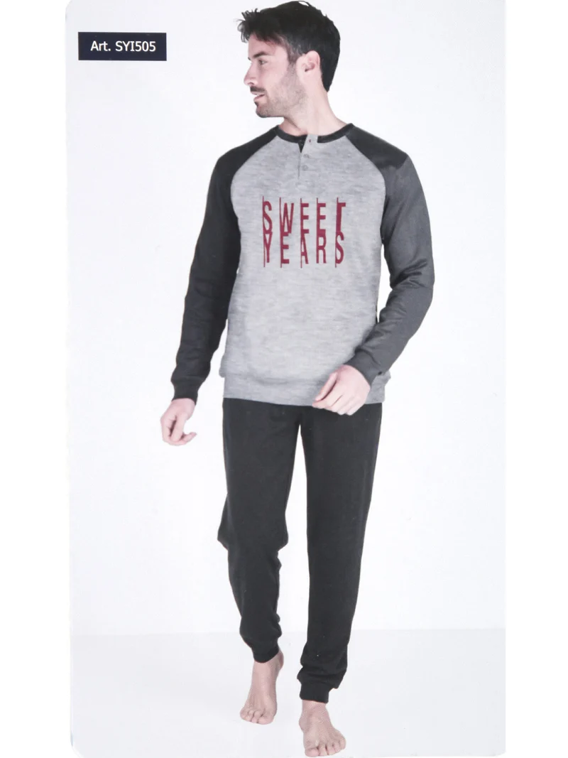 Pigiama lungo da uomo in caldo cotone interlock - nero