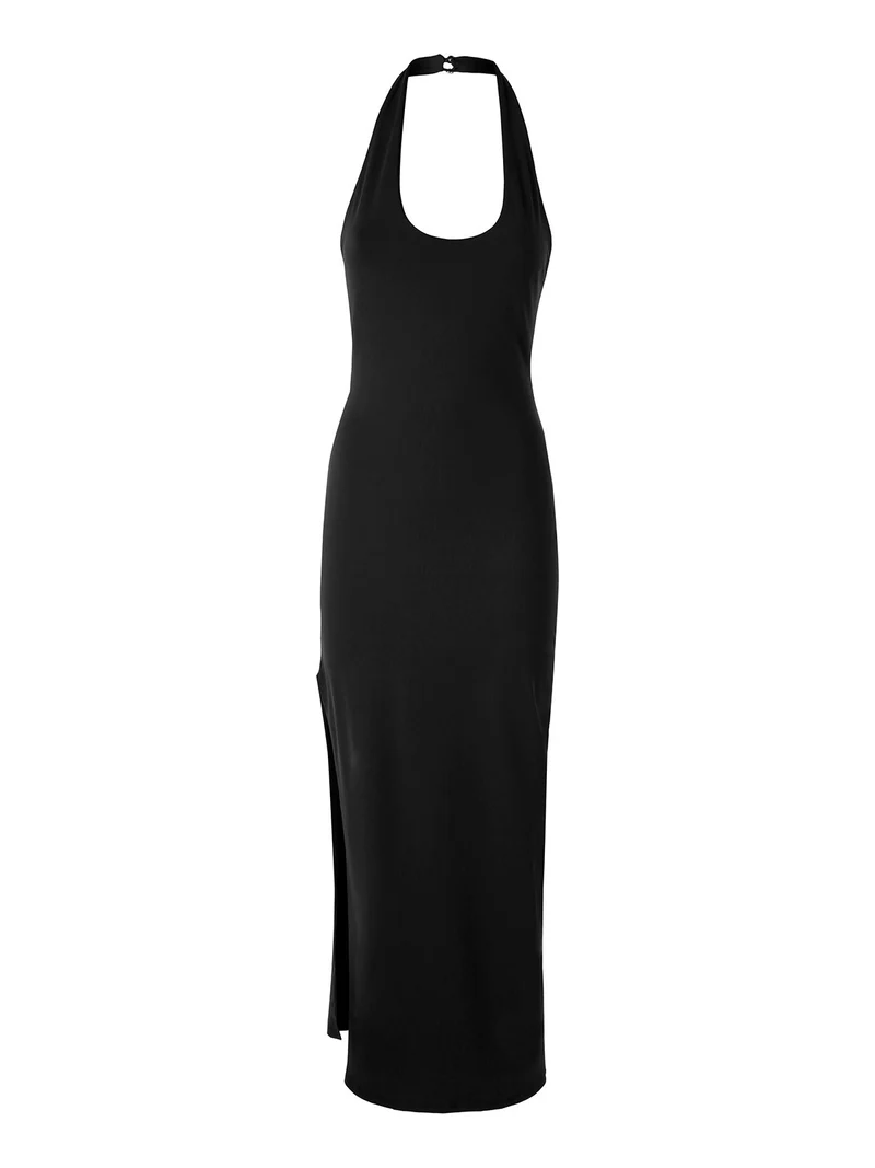 Abito elegante da donna con spalle scoperte e spacco laterale - nero