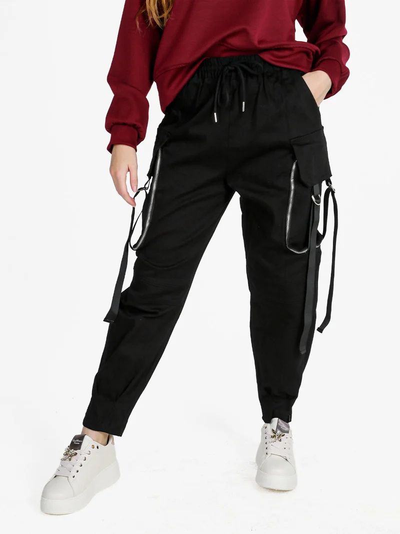 Pantaloni donna con tasconi e coulisse - nero