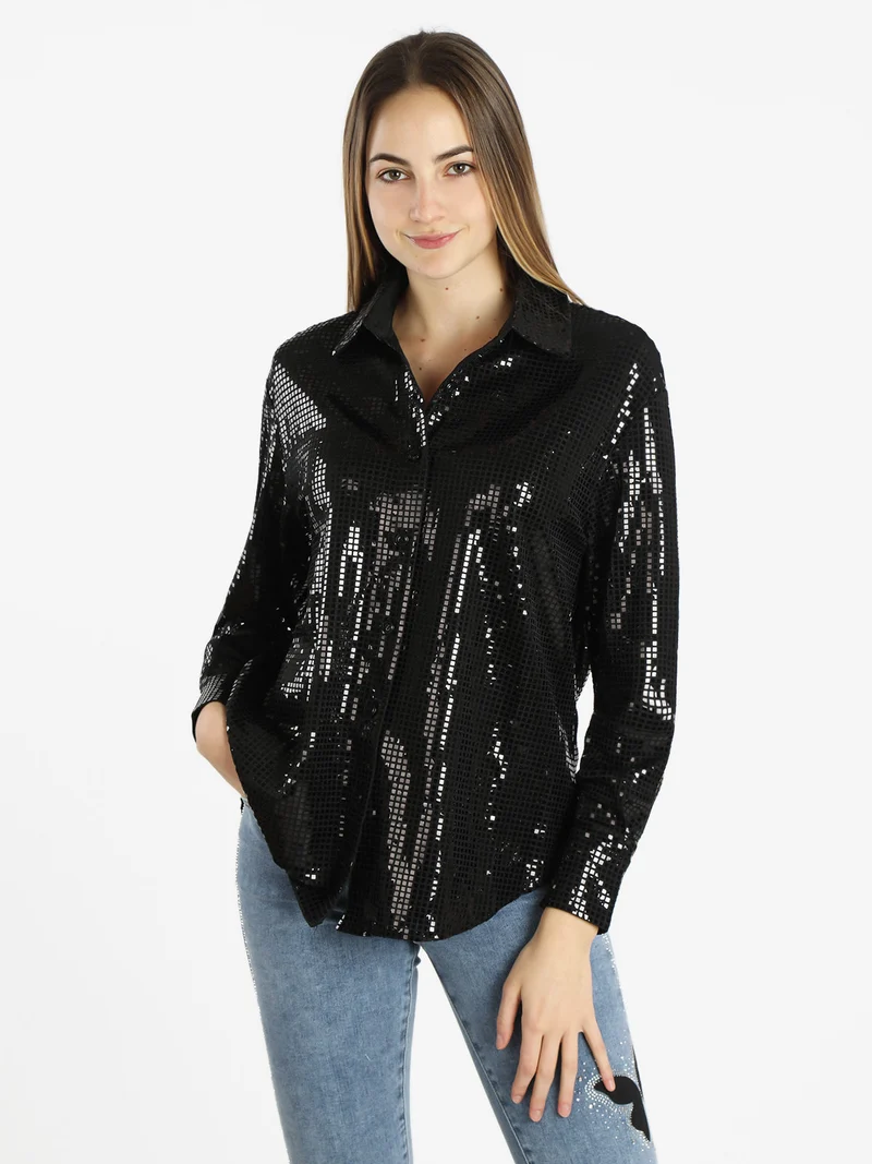 Camicia donna a maniche lunghe con lustrini - nero