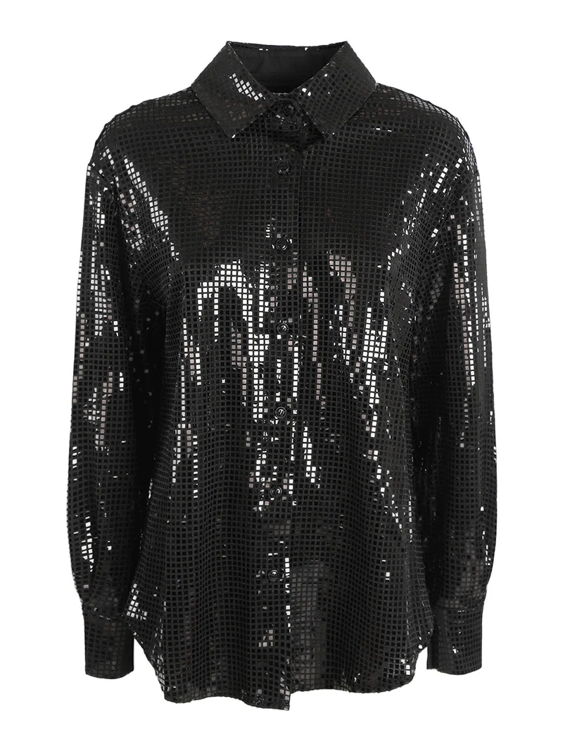 Camicia donna a maniche lunghe con lustrini - nero