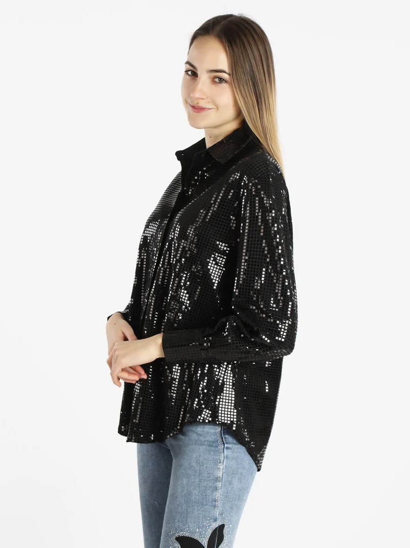 Camicia donna a maniche lunghe con lustrini - nero
