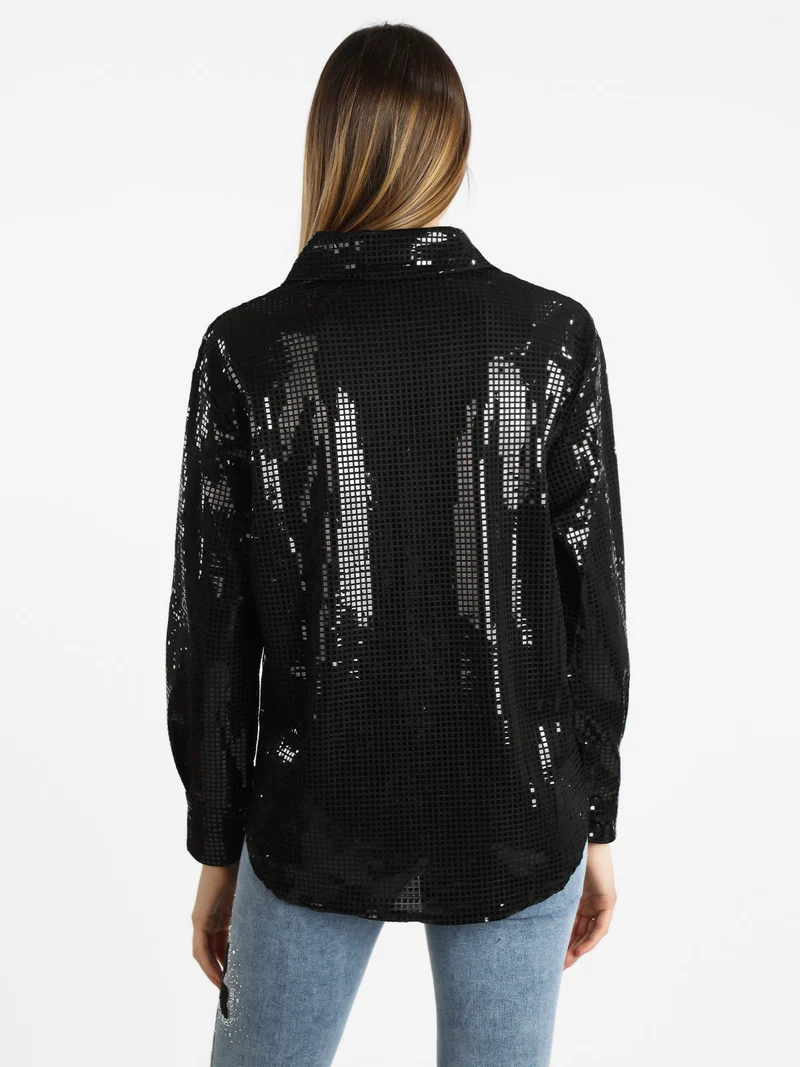 Camicia donna a maniche lunghe con lustrini - nero