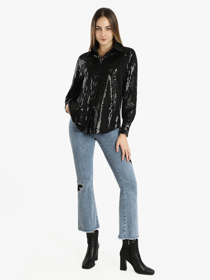 Camicia donna a maniche lunghe con lustrini - nero