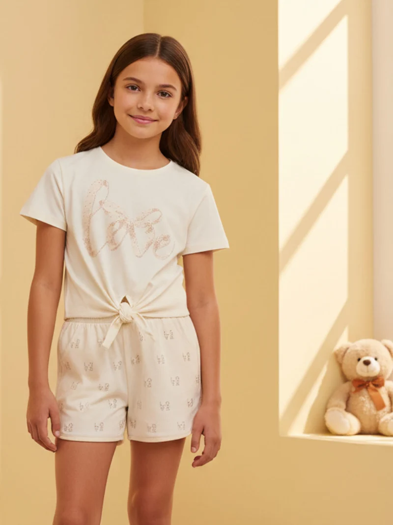 Completo corto da bambina in cotone con t-shirt e shorts - beige