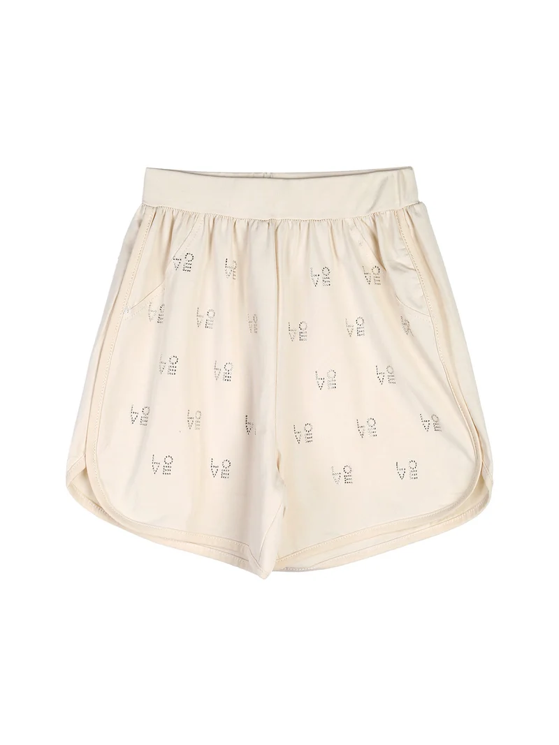 Completo corto da bambina in cotone con t-shirt e shorts - beige