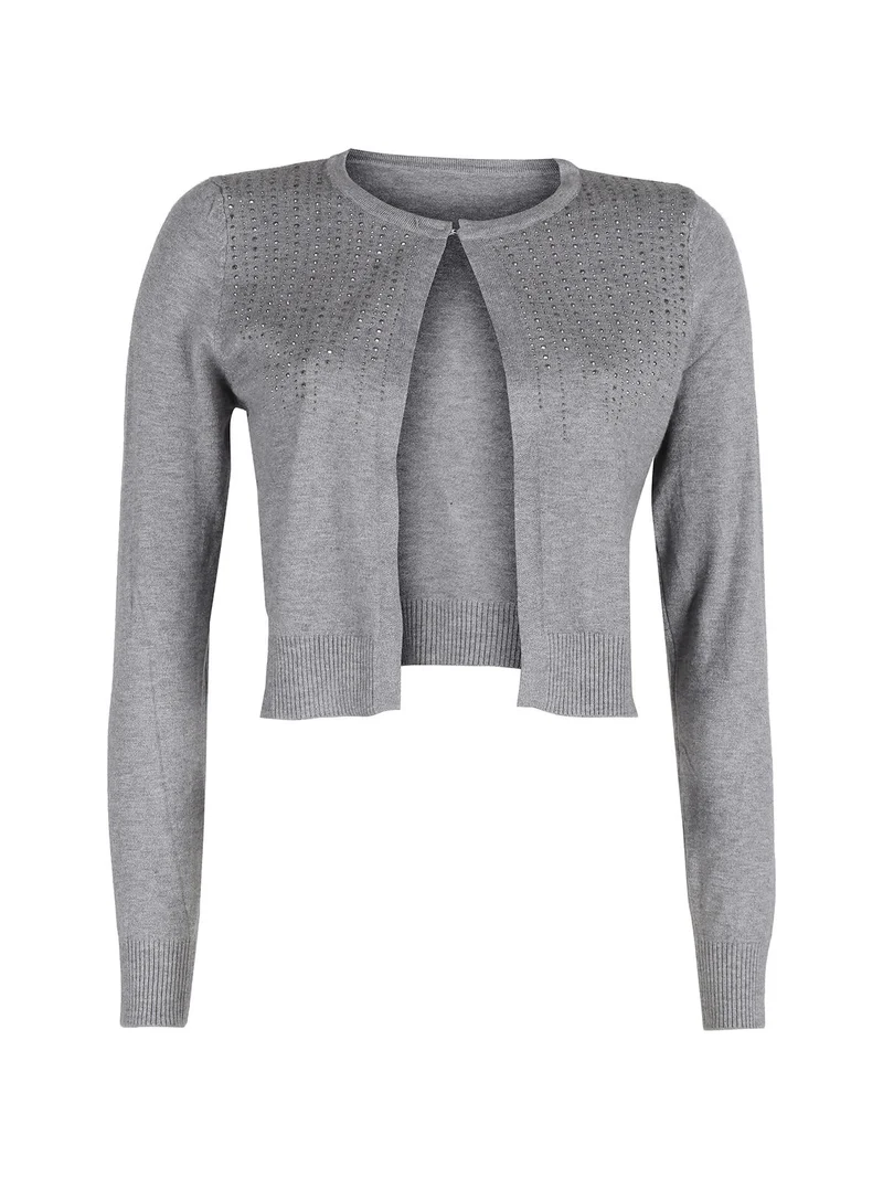 Cardigan aperto da donna in maglia con strass - grigio